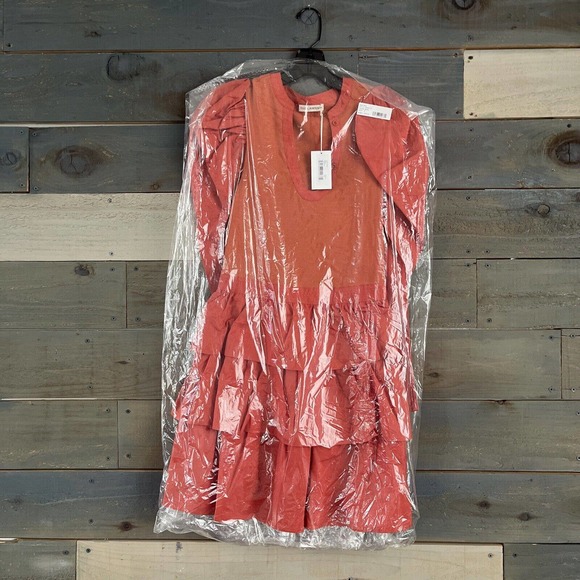 NWT $395 Ulla Johnson Amiri Puff Sleeve Tiered Mini Dress Orange S - Picture 3 of 9